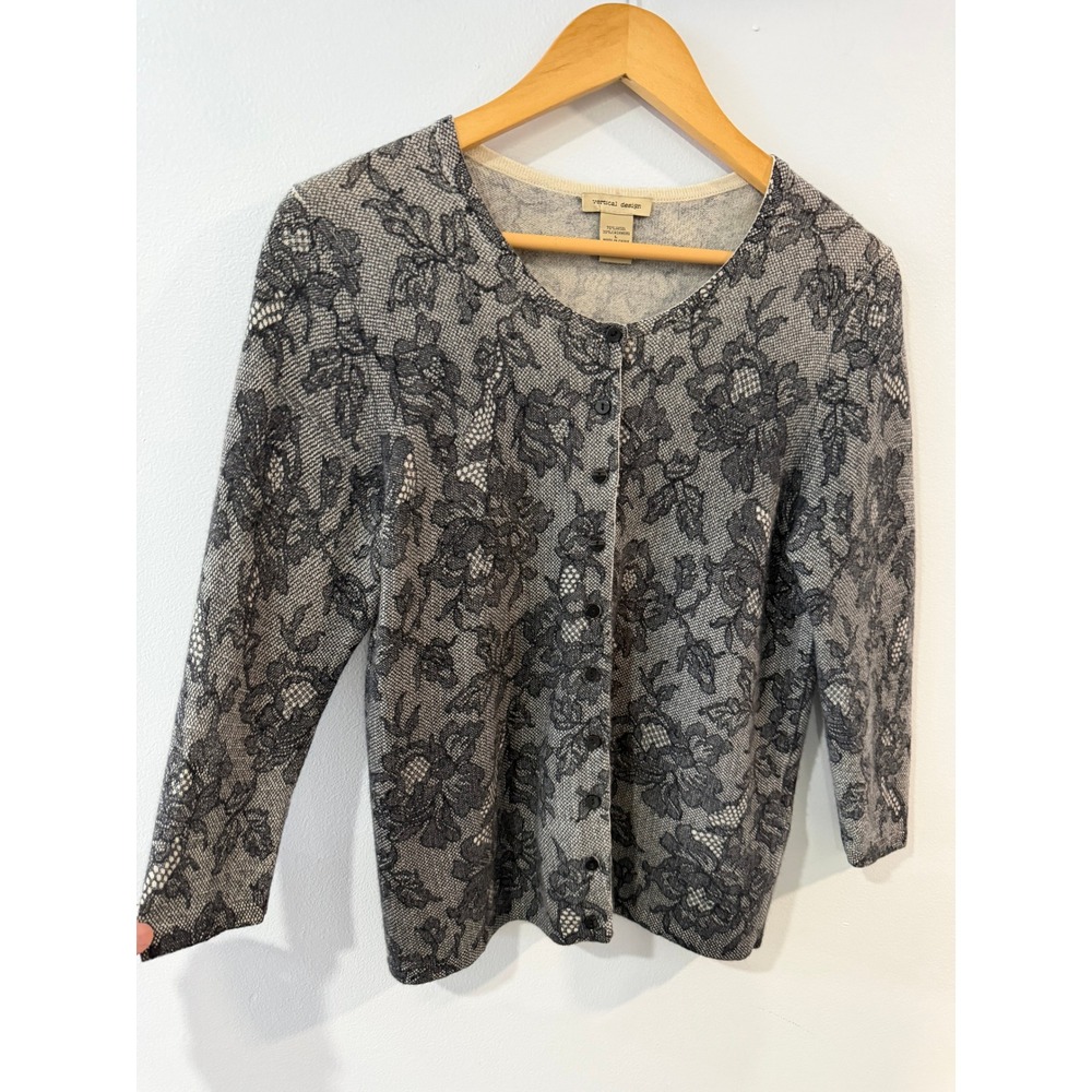 Vertical Design Wool Cashmere Floral Print Cardigan Gray Black Large